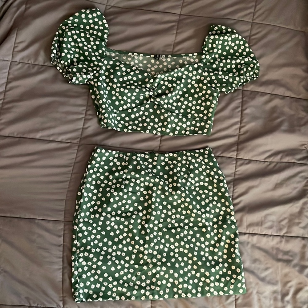 Green floral crop top and mini skirt set